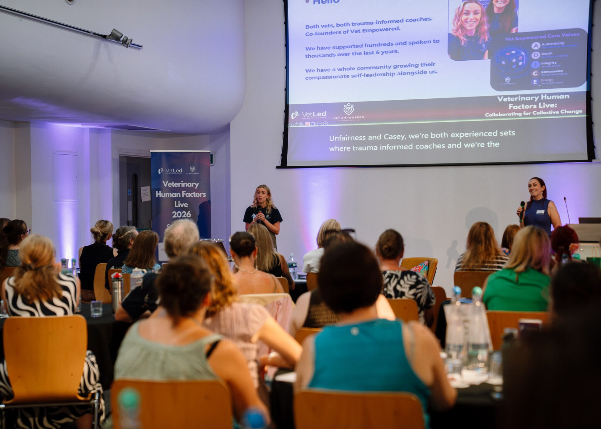 Katie Ford and Claire Grigson presenting together to a full room at Veterinary Human Factors Live