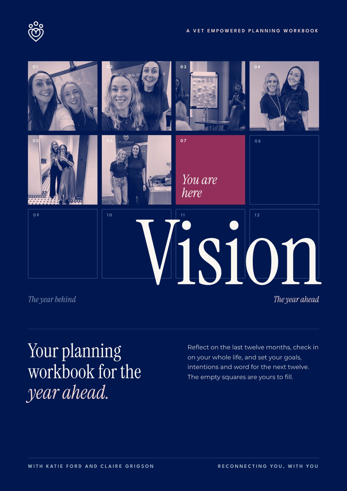 Cover of Vision, a Vet Empowered planning workbook: a grid of twelve squares with six tinted photos of Katie and Claire, a berry You are here square and five empty squares