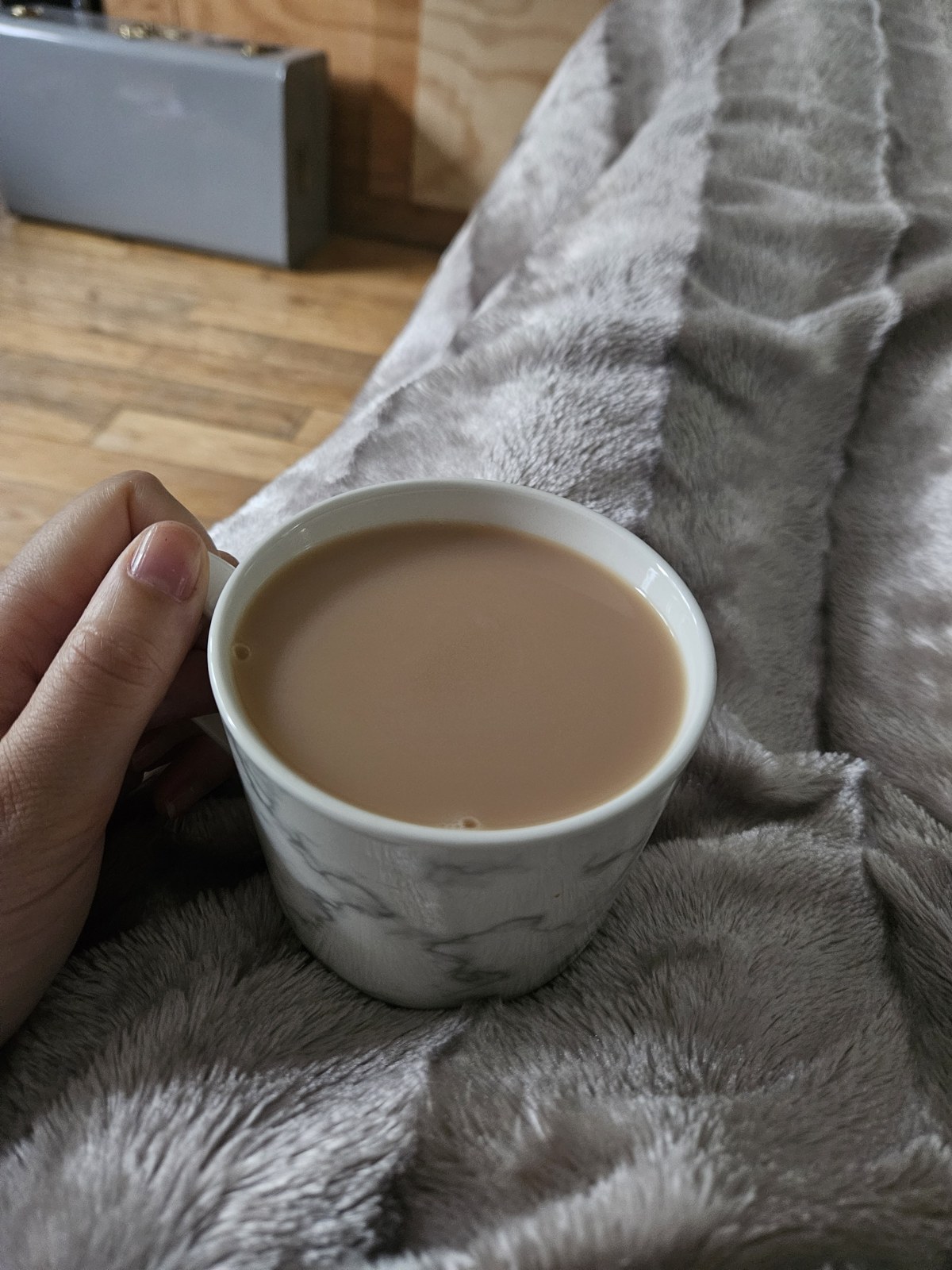 A hand holding a mug of tea over a soft blanket